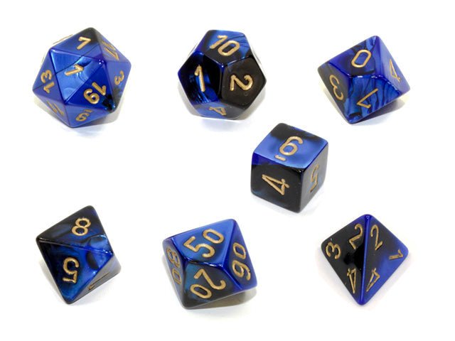 Chessex Gemini Polyhedral 7 - Die Set - Black - Blue w/gold - 709619015022 - CrystalLotus.eu