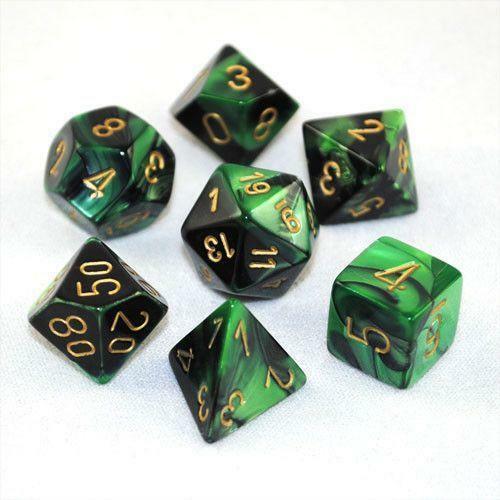 Chessex Gemini Polyhedral 7 - Die Set - Black - Green w/gold - 601982022990 - CrystalLotus.eu