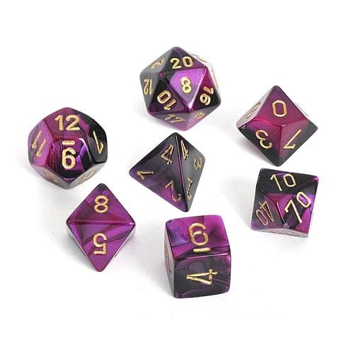 Chessex Gemini Polyhedral 7 - Die Set - Black - Purple w/gold - 713145606593 - CrystalLotus.eu