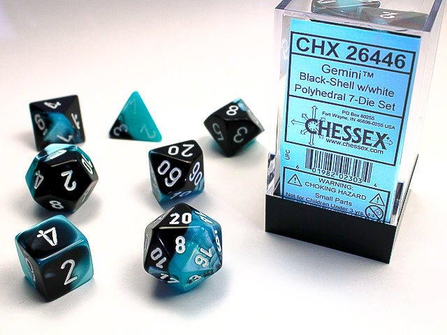 Chessex Gemini Polyhedral 7 - Die Set - Black - Shell w/white - 601982023034 - CrystalLotus.eu