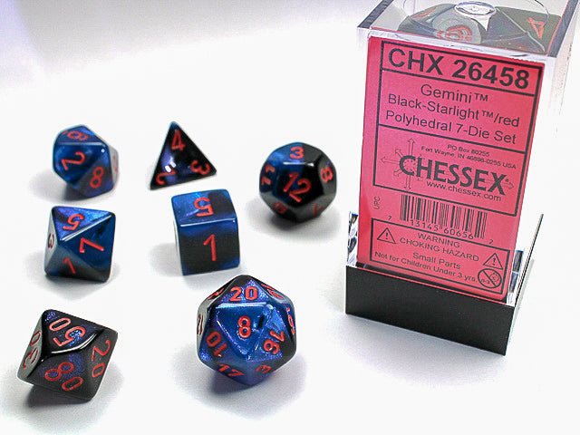 Chessex Gemini Polyhedral 7 - Die Set - Black - Starlight w/red - 713145606562 - CrystalLotus.eu