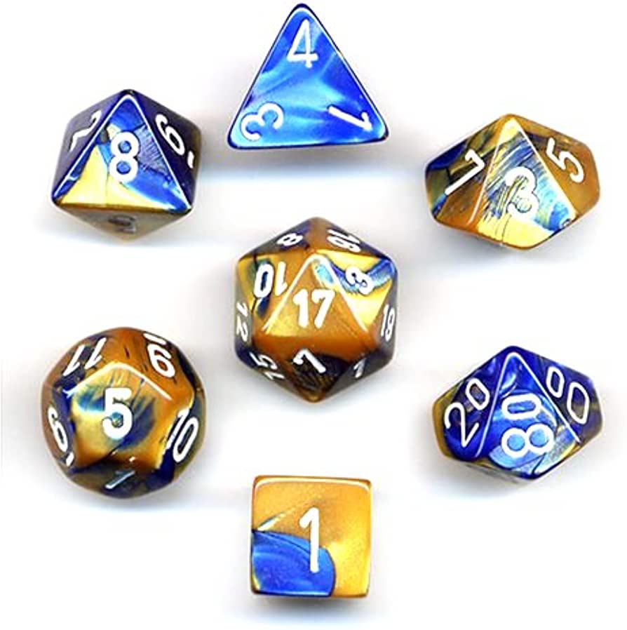 Chessex Gemini Polyhedral 7 - Die Set - Blue - Gold w/white - 601982022853 - CrystalLotus.eu