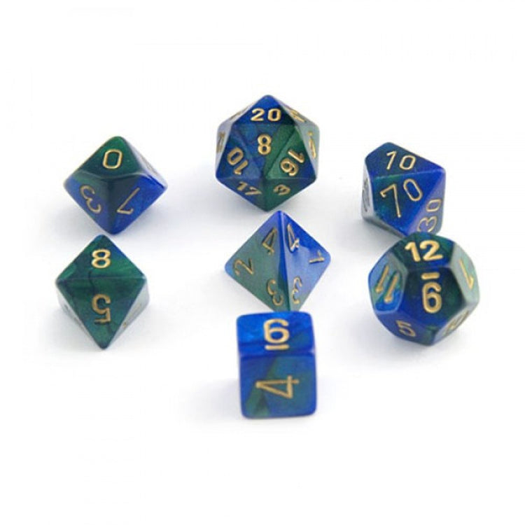 Chessex Gemini Polyhedral 7 - Die Set - Blue - Green w/gold - 601982022983 - CrystalLotus.eu