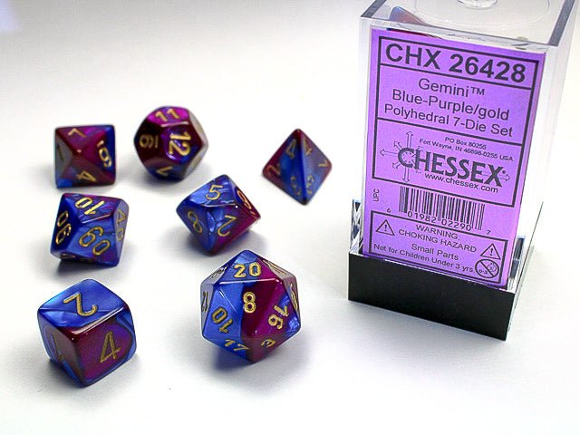 Chessex Gemini Polyhedral 7 - Die Set - Blue - Purple w/gold - 601982022907 - CrystalLotus.eu