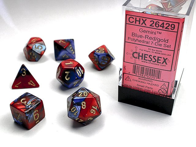 Chessex Gemini Polyhedral 7 - Die Set - Blue - Red w/gold - 601982022914 - CrystalLotus.eu