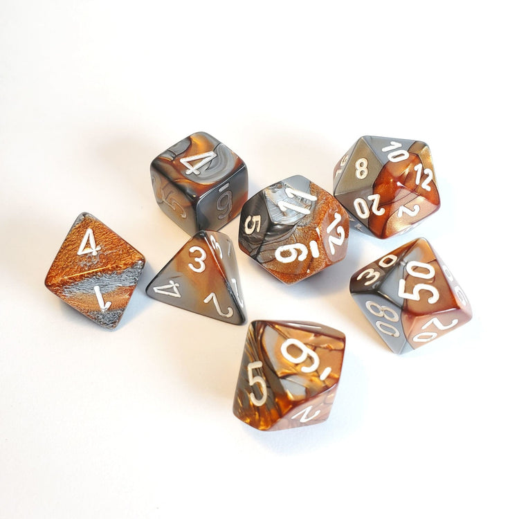 Chessex Gemini Polyhedral 7 - Die Set - Copper - Steel w/white - 601982022877 - CrystalLotus.eu