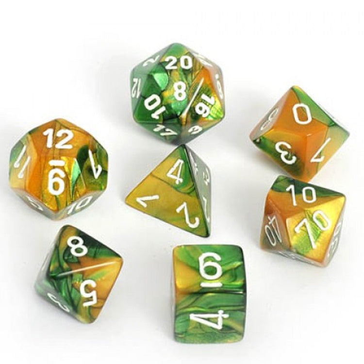 Chessex Gemini Polyhedral 7 - Die Set - Gold - Green w/white - 601982022884 - CrystalLotus.eu