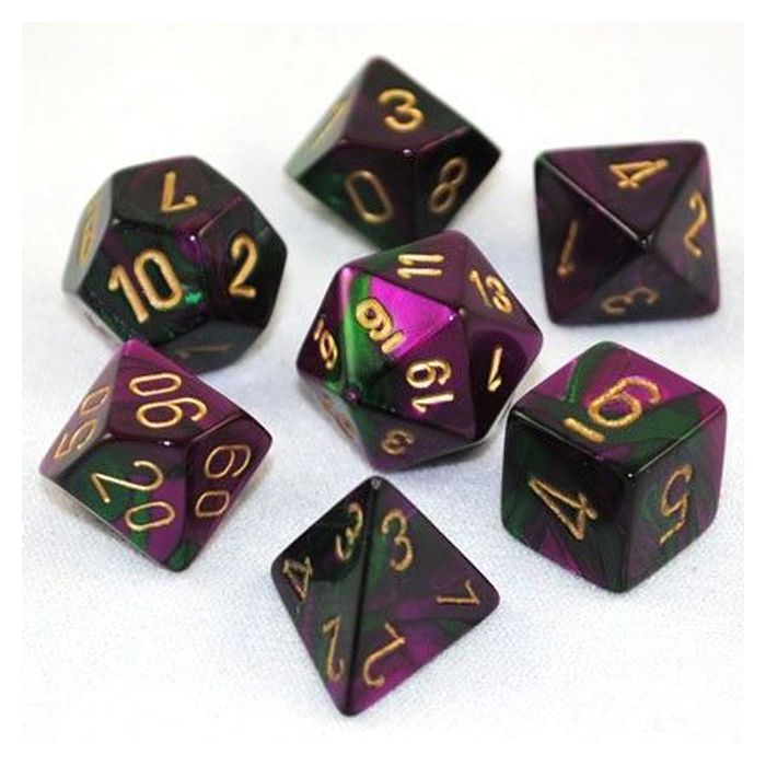 Chessex Gemini Polyhedral 7 - Die Set - Green - Purple w/gold - 601982022969 - CrystalLotus.eu