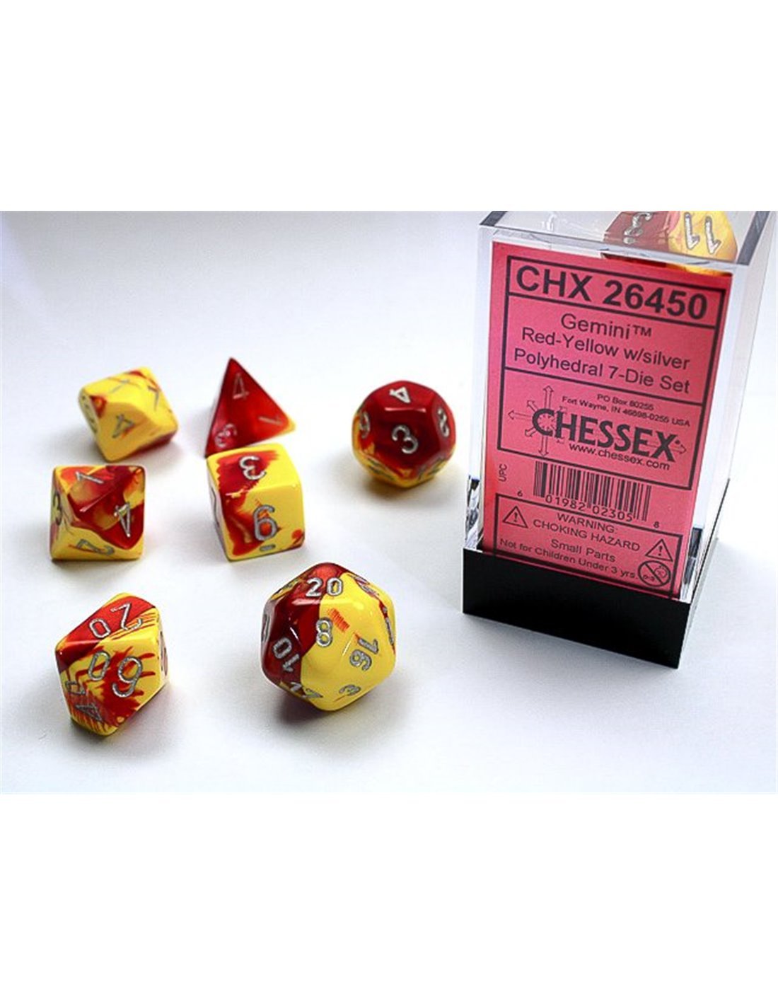 Chessex Gemini Polyhedral 7 - Die Set - Red - Yellow w/silver - 601982023058 - CrystalLotus.eu