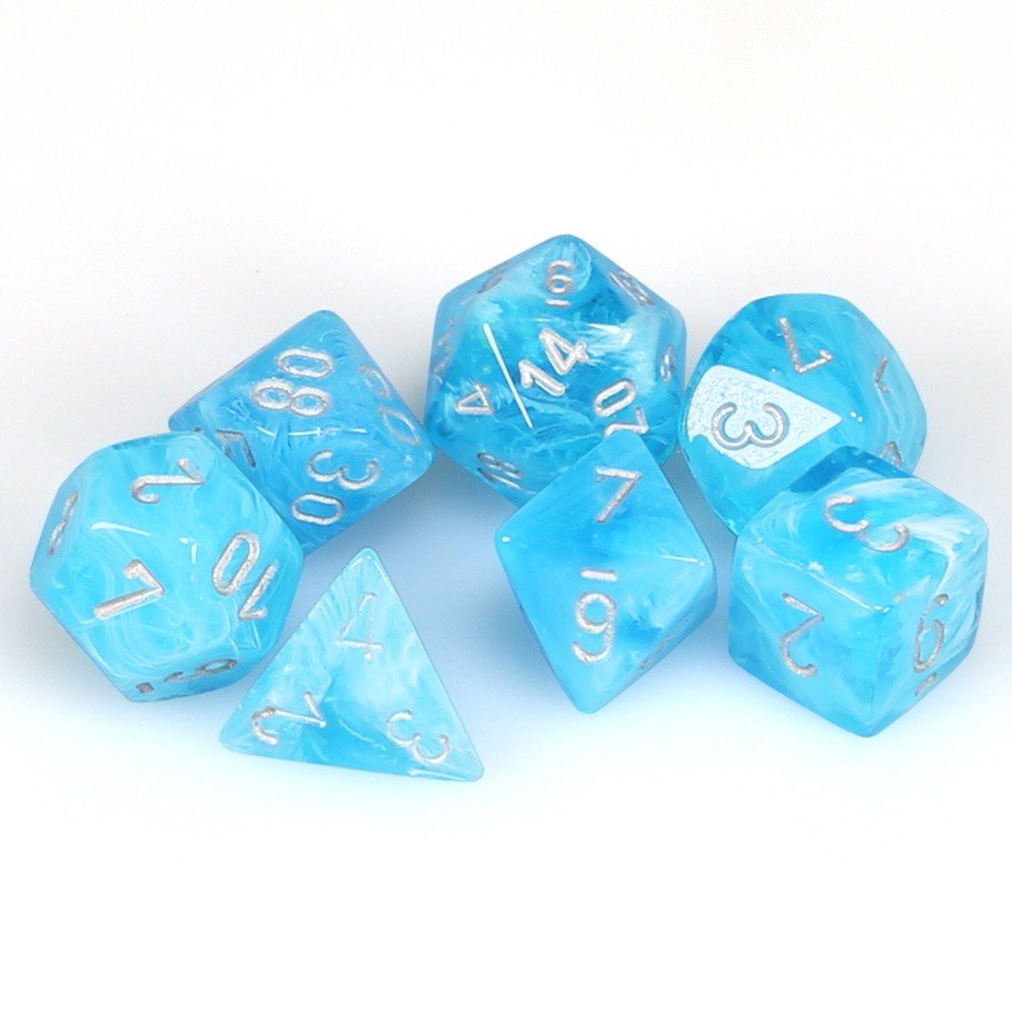 Chessex: Luminary - Sky/Silver - Polyhedral 7 - Die Set - 601982016272 - CrystalLotus.eu