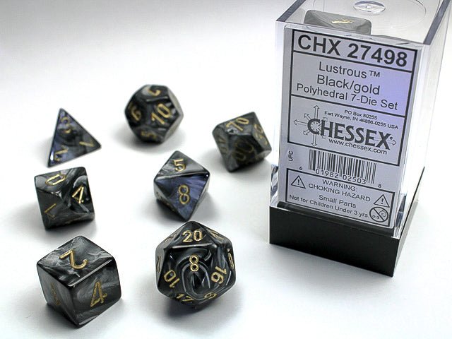 Chessex Lustrous 7 - Die Set - Black w/gold - 601982025038 - CrystalLotus.eu