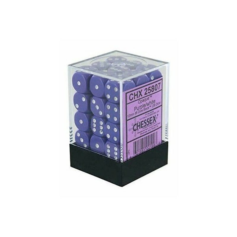 Chessex Opaque 12mm d6 with pips Dice Blocks (36 Dice) - Purple w/white - 601982021993 - CrystalLotus.eu