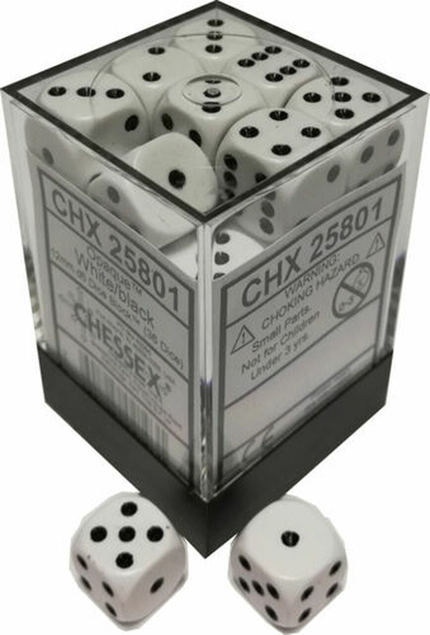 Chessex Opaque 12mm d6 with pips Dice Blocks (36 Dice) - White w/black - 601982021931 - CrystalLotus.eu