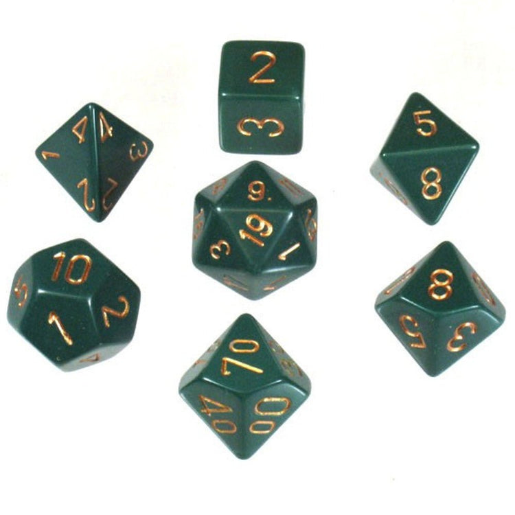 Chessex Opaque Polyhedral 7 - Die Sets - Dusty Green w/gold - 601982021320 - CrystalLotus.eu