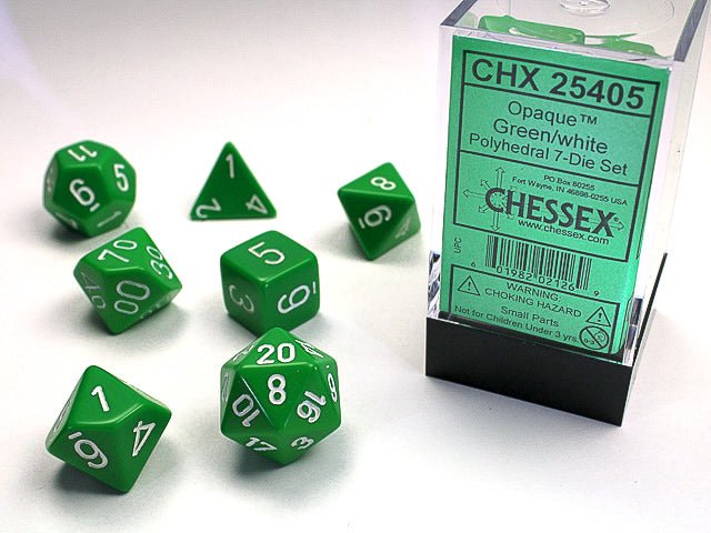 Chessex Opaque Polyhedral 7 - Die Sets - Green w/white - 601982021269 - CrystalLotus.eu