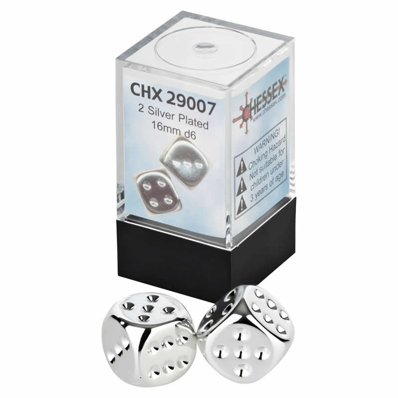 Chessex Specialty Dice Sets - Silver - Plated Metallic 16mm d6 with pips Pair (2) - 40485 - CrystalLotus.eu