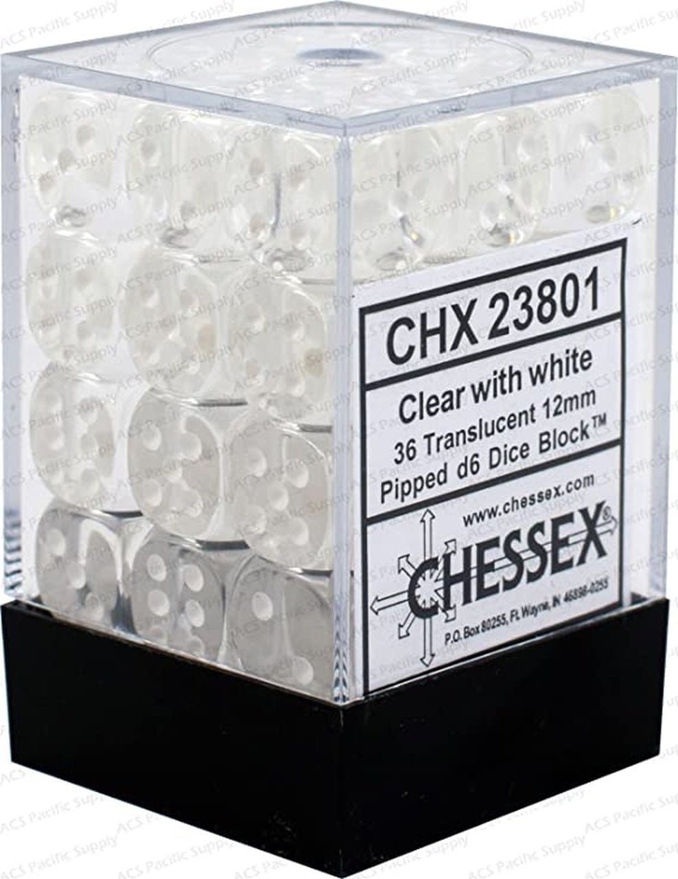 Chessex Translucent 12mm d6 with pips Dice Blocks (36 Dice) - Clear w/white - 601982020538 - CrystalLotus.eu