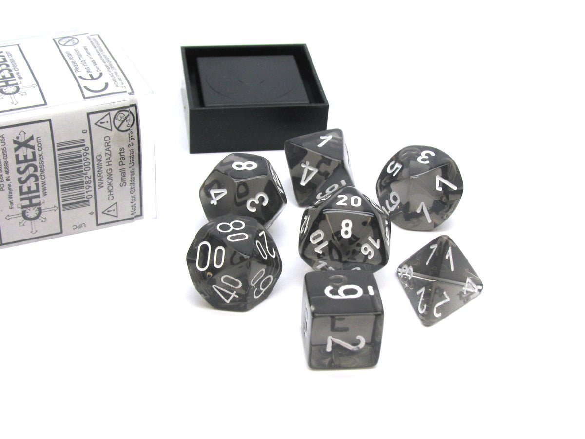 Chessex Translucent Polyhedral 7 - Die Set - Smoke/white - 601982009960 - CrystalLotus.eu