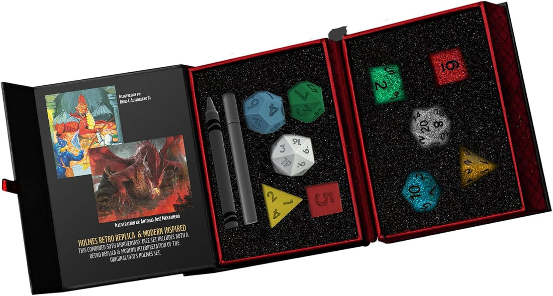 FanRoll Premium Dungeons &amp; Dragons 50th Anniversary Commemorative Then &amp; Now 2 x 7 - Dice Sets - Holmes Retro Replica &amp; Modern Holmes Inspired - 687700234685 - Crystal Lotus