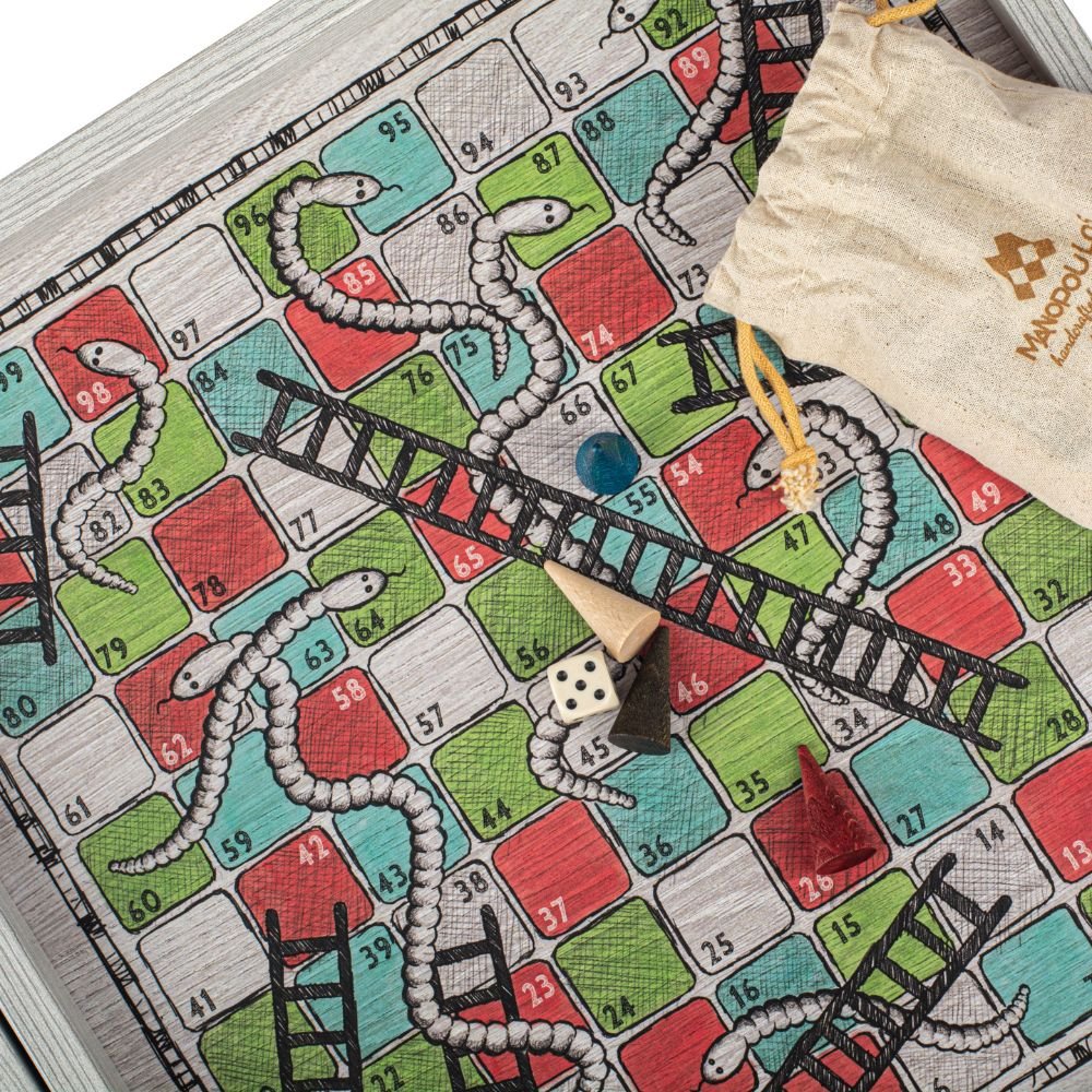 Handcrafted 5 - in - 1 Combo Game Collection - Chess, Backgammon, Ludo, Snakes &amp; Checkers - Hand Drawn (by Manopoulos) - 5200430700746 - Crystal Lotus