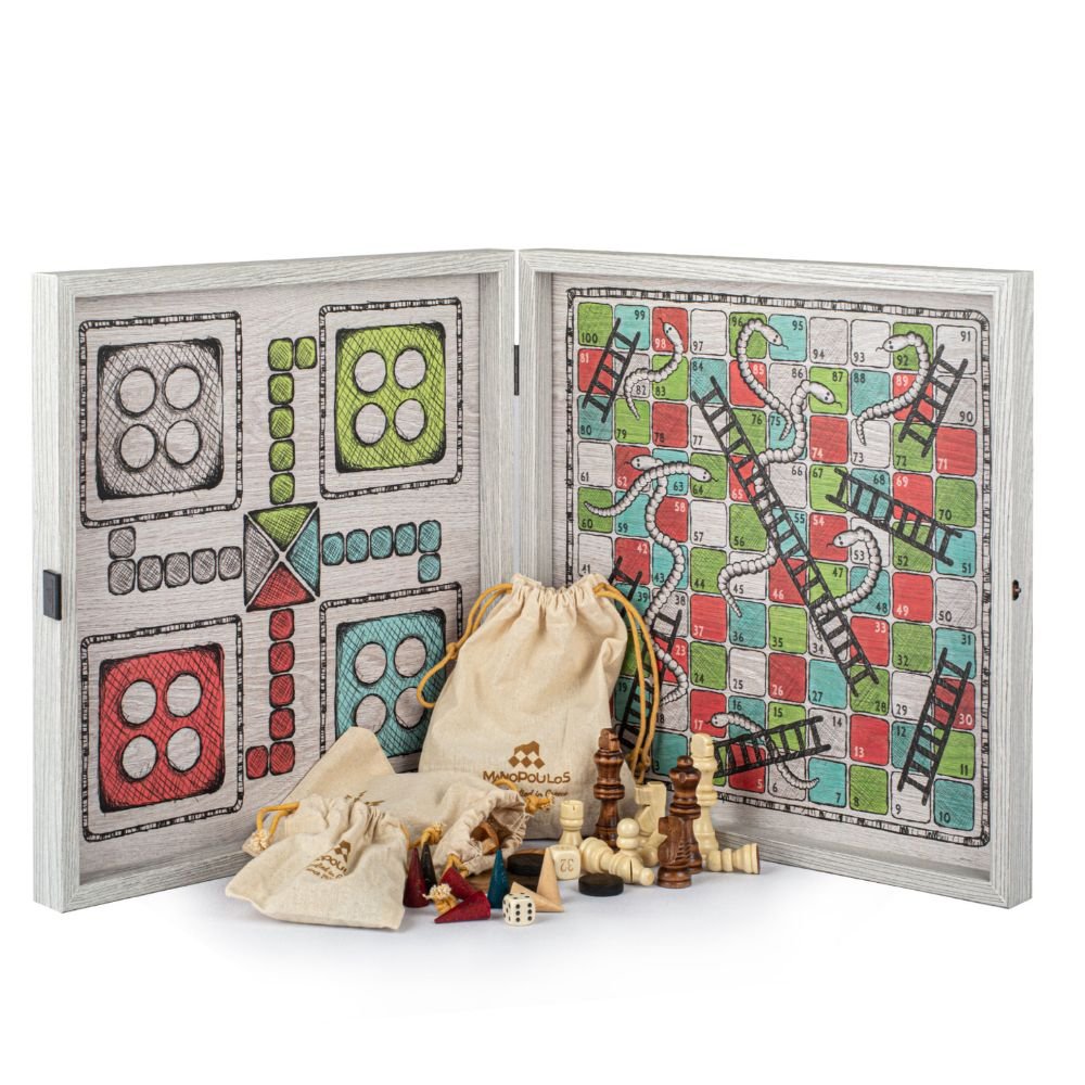 Handcrafted 5 - in - 1 Combo Game Collection - Chess, Backgammon, Ludo, Snakes &amp; Checkers - Hand Drawn (by Manopoulos) - 5200430700746 - Crystal Lotus