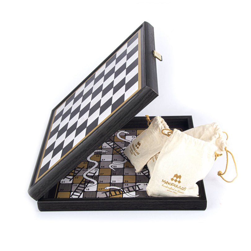 Handcrafted 5 - in - 1 Combo Game Collection - Chess, Backgammon, Ludo, Snakes &amp; Checkers - Modern Style (by Manopoulos) - 5200430700463 - Crystal Lotus