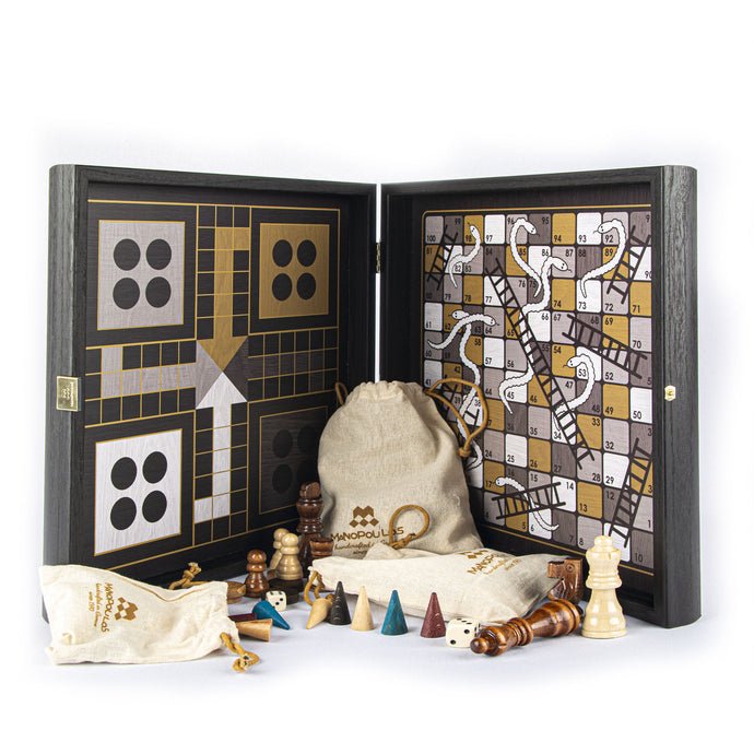 Handcrafted 5 - in - 1 Combo Game Collection - Chess, Backgammon, Ludo, Snakes &amp; Checkers - Modern Style (by Manopoulos) - 5200430700463 - Crystal Lotus