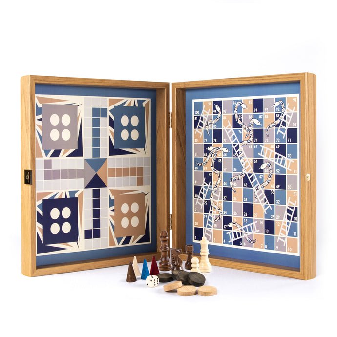 Handcrafted 5 - in - 1 Combo Game Collection - Chess, Backgammon, Ludo, Snakes &amp; Checkers - Navy Blue (by Manopoulos) - 5200430706441 - Crystal Lotus
