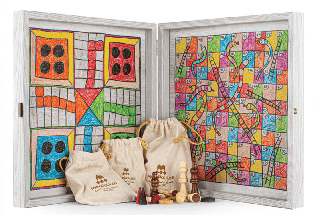 Handcrafted 5 - in - 1 Combo Game Collection - Chess, Backgammon, Ludo, Snakes &amp; Checkers - Rainbow Whimsy (by Manopoulos) - 5250000000029 - Crystal Lotus