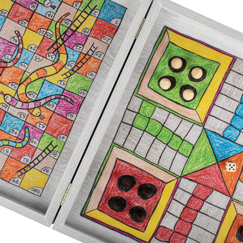 Handcrafted 5-in-1 Combo Game Collection - Chess, Backgammon, Ludo, Snakes &amp; Checkers - Rainbow Whimsy (by Manopoulos) (CBLS34FTH) - 5200430700753 - Crystal Lotus