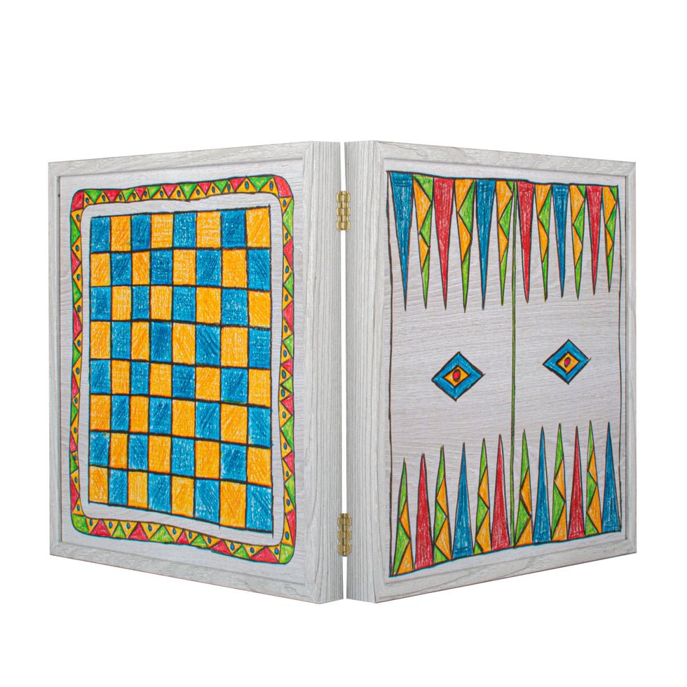Handcrafted 5-in-1 Combo Game Collection - Chess, Backgammon, Ludo, Snakes &amp; Checkers - Rainbow Whimsy (by Manopoulos) (CBLS34FTH) - 5200430700753 - Crystal Lotus