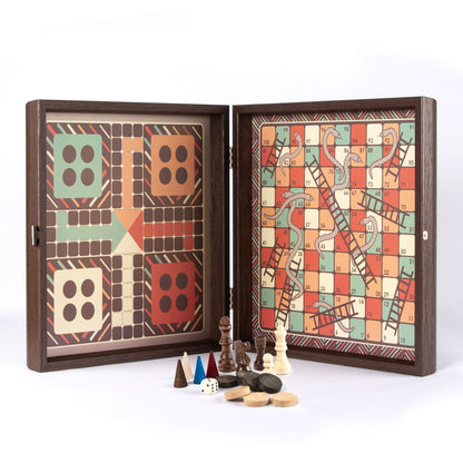 Handcrafted 5 - in - 1 Combo Game Collection - Chess, Backgammon, Ludo, Snakes &amp; Checkers - Vintage (by Manopoulos) - 5250000000028 - Crystal Lotus