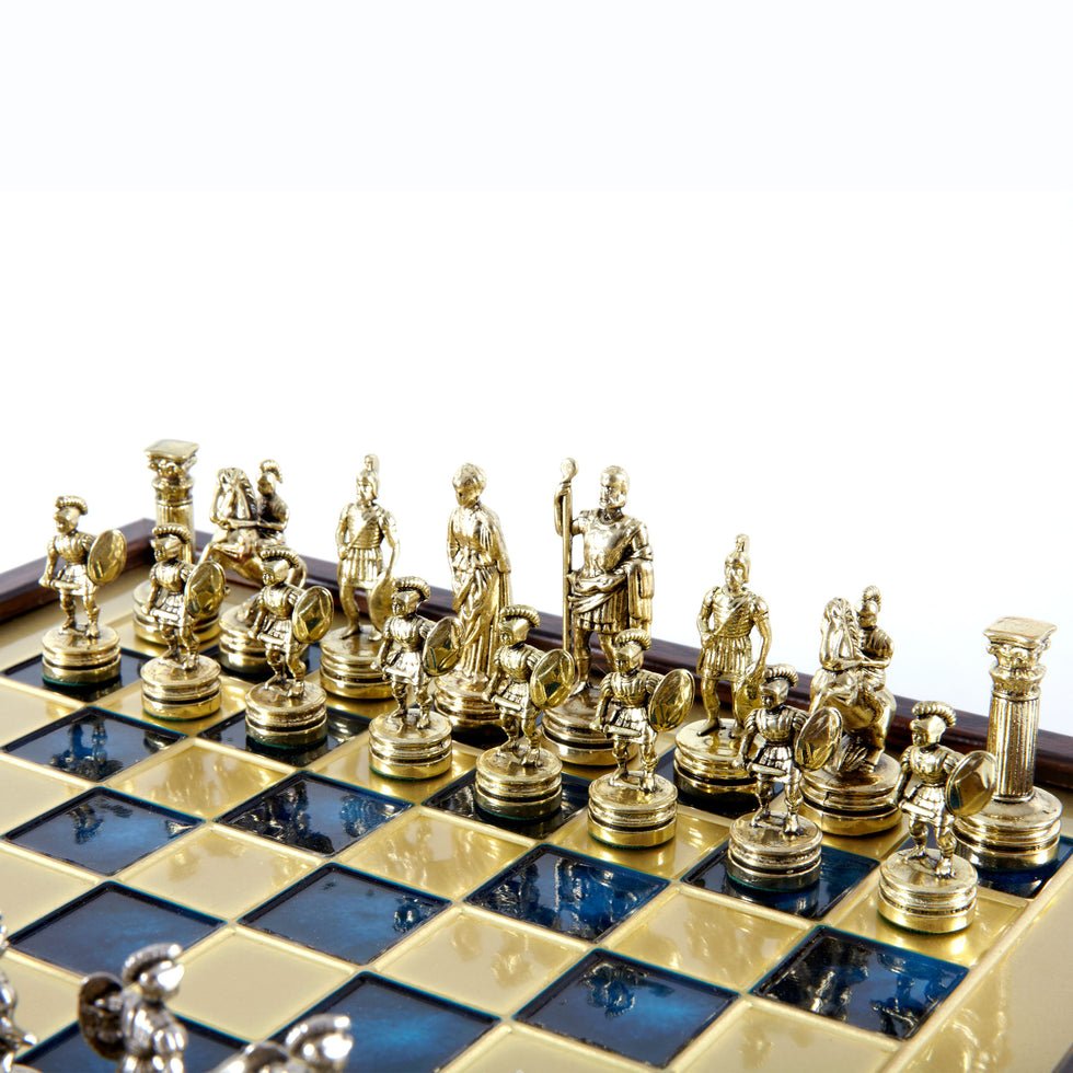 Handcrafted Greek Mythology Chess Set in Wooden Case – Gold &amp; Silver Chessmen - Blue (Medium Size) (by Manopoulos) (SK3BLU) - 5200430711704 - Crystal Lotus