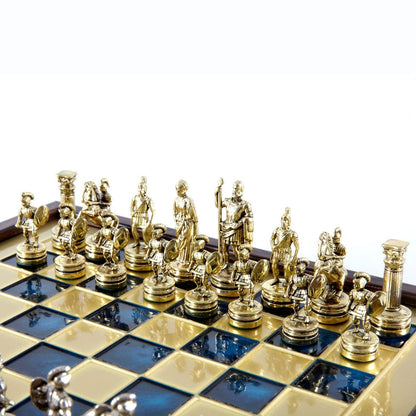 Handcrafted Greek Mythology Chess Set in Wooden Case – Gold &amp; Silver Chessmen - Blue (Medium Size) (by Manopoulos) (SK3BLU) - 5200430711704 - Crystal Lotus