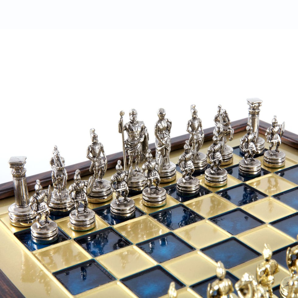 Handcrafted Greek Mythology Chess Set in Wooden Case – Gold &amp; Silver Chessmen - Blue (Medium Size) (by Manopoulos) (SK3BLU) - 5200430711704 - Crystal Lotus