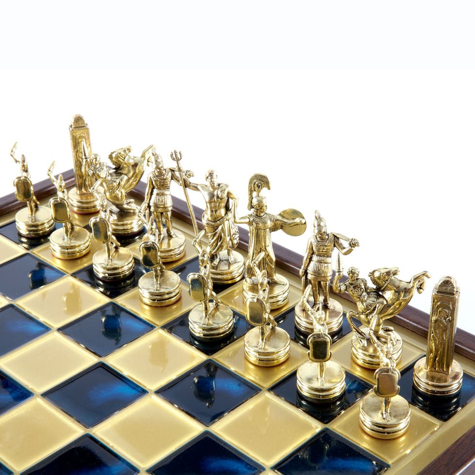 Handcrafted Greek Mythology Chess Set in Wooden Case – Gold &amp; Silver Chessmen (Medium Size 34cm x 34cm) (by Manopoulos) - 5200430712039 - Crystal Lotus