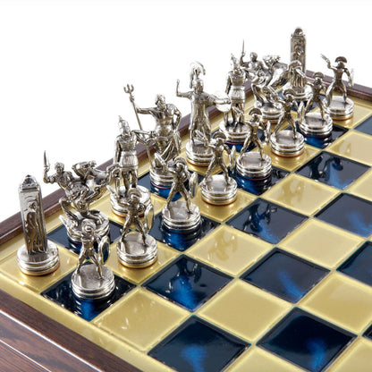 Handcrafted Greek Mythology Chess Set in Wooden Case – Gold &amp; Silver Chessmen (Medium Size 34cm x 34cm) (by Manopoulos) - 5200430712039 - Crystal Lotus