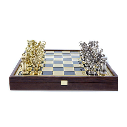 Handcrafted Greek Mythology Chess Set in Wooden Case – Gold &amp; Silver Chessmen (Small Size) (by Manopoulos) (SK10BLU) - 5200430712329 - Crystal Lotus
