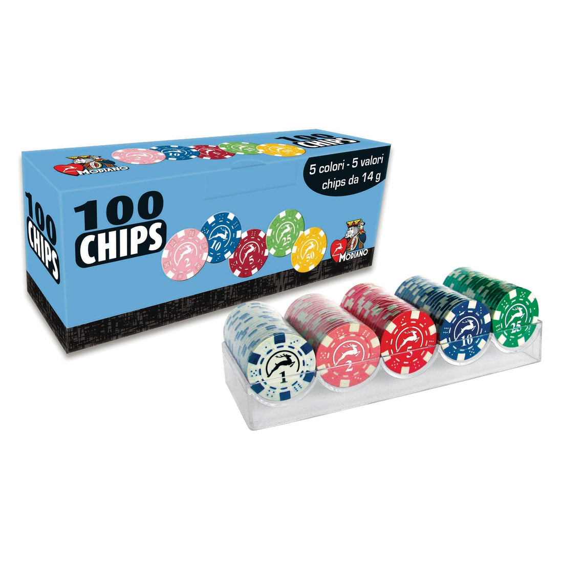 Modiano Poker Chips Set 100 14g pieces in 5 Colors - 8003080066395 - Crystal Lotus