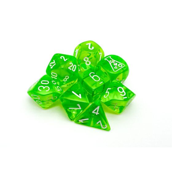 Chessex CHX30062 - Translucent Rad Green/White Polyhedral 7-Dice Set (Plus Lab Dice) - 601982040406 - crystallotus.eu
