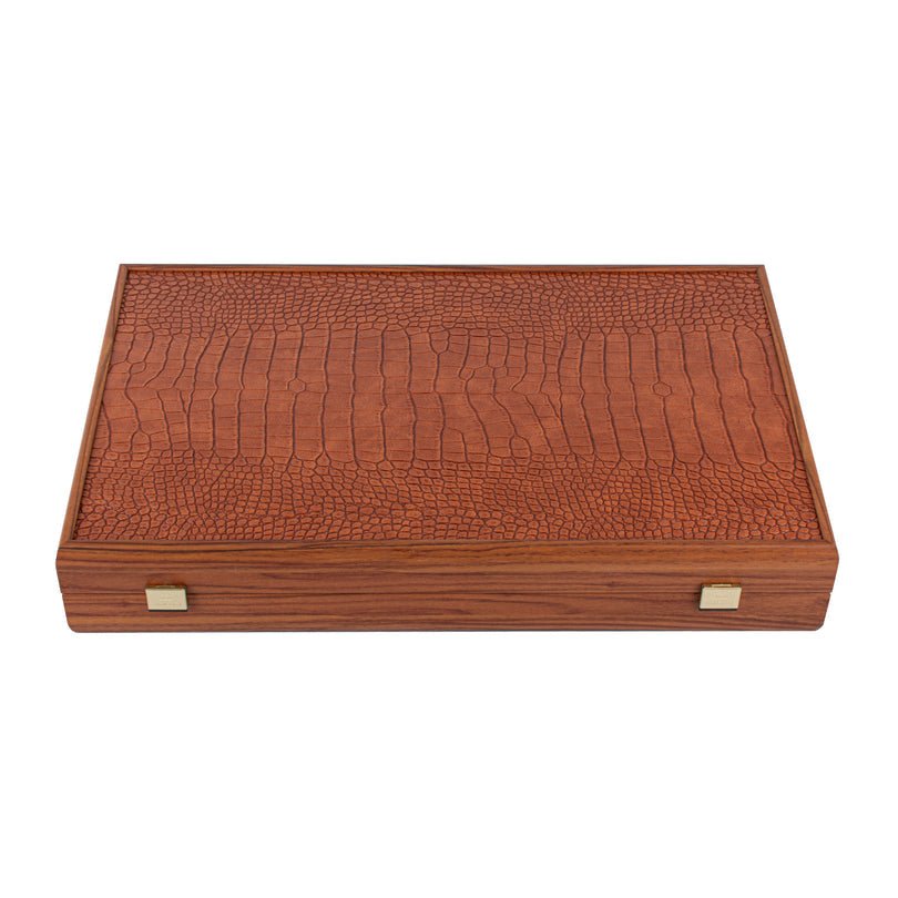 Premium Handcrafted Leatherette Crocodile Tote Backgammon Set - Caramel Brown, Rustic &amp; Ivory 48x60cm (by Manopoulos) - 5200430717584 - Crystal Lotus