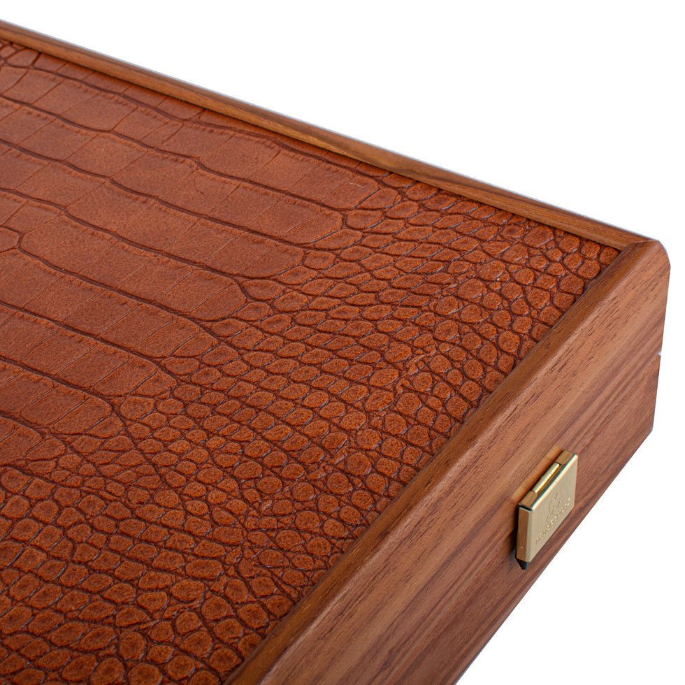 Premium Handcrafted Leatherette Crocodile Tote Backgammon Set - Caramel Brown, Rustic &amp; Ivory 48x60cm (by Manopoulos) (BDE1CBR) - 5200430717584 - Crystal Lotus