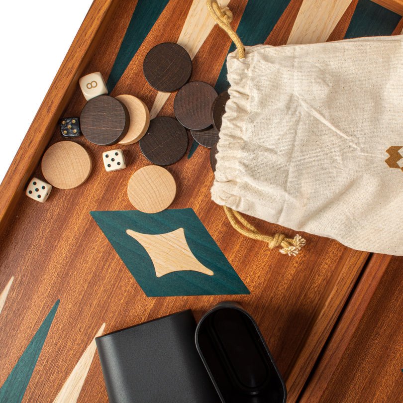 Premium Handcrafted Mahogany Backgammon Set in Green - Elegant Marquetry Design 48x52cm (by Manopoulos) - 5200430705062 - Crystal Lotus