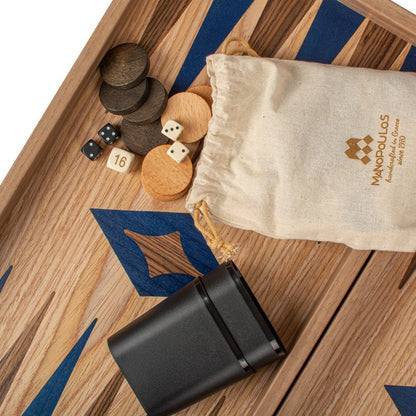 Premium Handcrafted Oak/Blue &amp; American Walnut Backgammon Set - Elegant Marquetry Design 48x52cm (by Manopoulos) - 5200430714552 - Crystal Lotus