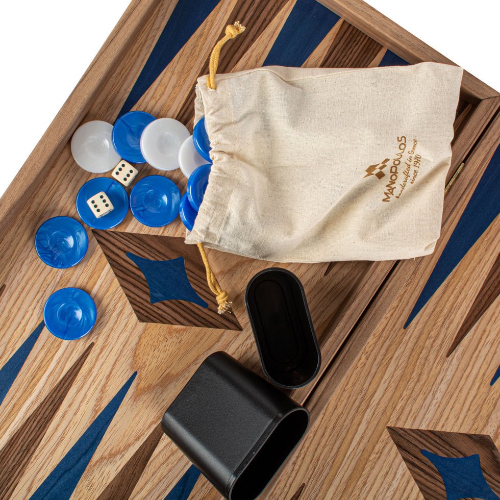 Premium Handcrafted Oak/Blue &amp; American Walnut Backgammon Set - Elegant Marquetry Design 48x52cm (by Manopoulos) (TKD1BLU) - 5200430714552 - Crystal Lotus