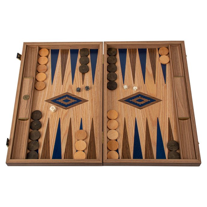 Premium Handcrafted Oak/Blue &amp; American Walnut Backgammon Set with Side Racks - Elegant Marquetry Design 48x60cm (by Manopoulos) - 5200430716525 - Crystal Lotus