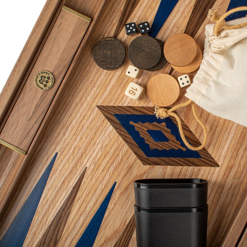 Premium Handcrafted Oak/Blue &amp; American Walnut Backgammon Set with Side Racks - Elegant Marquetry Design 48x60cm (by Manopoulos) - 5200430716525 - Crystal Lotus