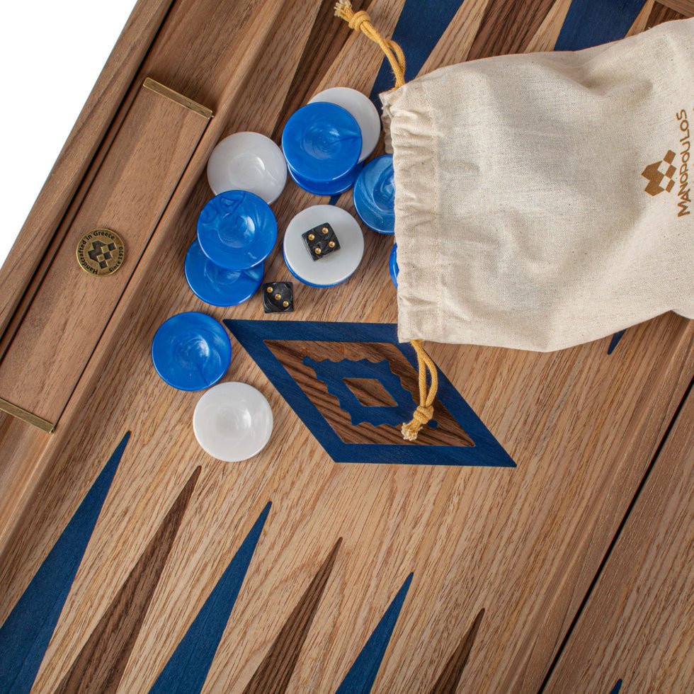 Premium Handcrafted Oak/Blue &amp; American Walnut Backgammon Set with Side Racks - Elegant Marquetry Design 48x60cm (by Manopoulos) (BKD1BLU) - 5200430716525 - Crystal Lotus