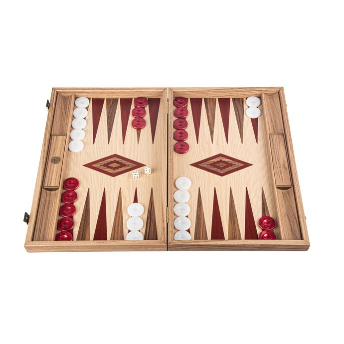 Premium Handcrafted Oak/Dark Red &amp; American Walnut Backgammon Set with Side Racks - Elegant Marquetry Design 48x60cm (by Manopoulos) - 5200430705307 - Crystal Lotus