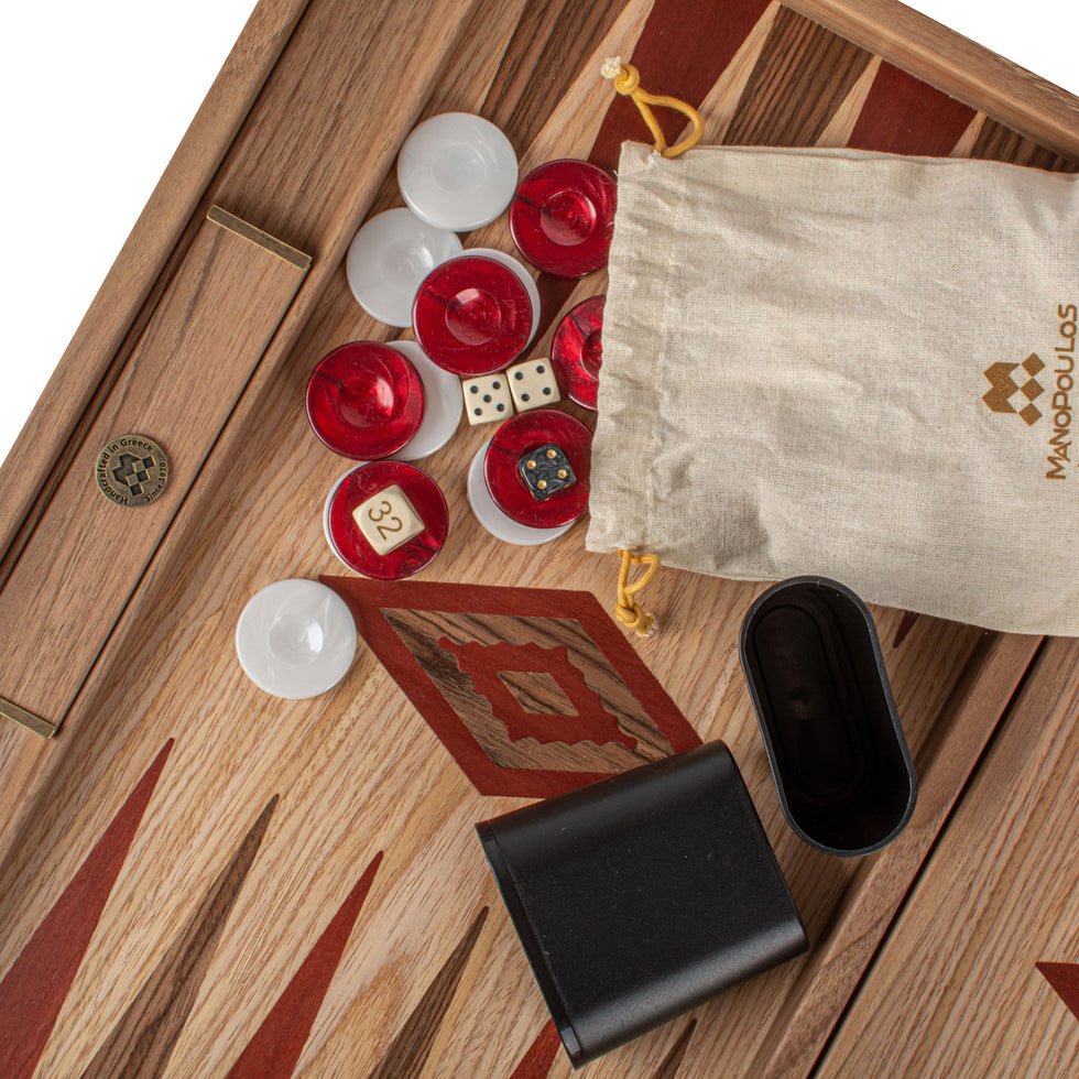 Premium Handcrafted Oak/Dark Red &amp; American Walnut Backgammon Set with Side Racks - Elegant Marquetry Design 48x60cm (by Manopoulos) (BKD1RED) - 5200430705307 - Crystal Lotus